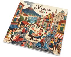 Tegeltje Napels Italië met sfeervolle retro illustratie van de Vesuvius, Vespas en pizza etende mensen. Kleurrijke mid-century reisposter wanddecoratie voor de keuken of woonkamer, mat 15x15 cm
