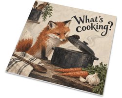 Tegeltje nieuwsgierige vos bij kookpan en quote What's cooking? Landelijke keuken wanddecoratie mat 15x15 cm mat