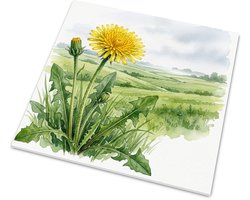 Tegeltje Ruige Leeuwentand - Leontodon Aquarel Kunst - Botanische Gele Bloemen Print in Weidelandschap - Landelijke Wanddecoratie en Woondecoratie - Glanzend Keramisch Cadeautje met Tegelhanger - 15x15 cm