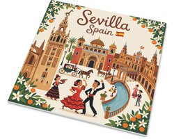 Tegeltje Sevilla Spanje met kleurrijke illustratie van flamenco dansers, paardenkoets en de Giralda toren. Sfeervolle retro reisposter wanddecoratie in mid-century vintage stijl voor woonkamer of hal, mat 15x15 cm