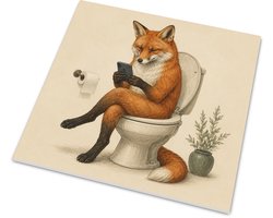 Tegeltje Vos op Toilet met Smartphone Grappig Mat Wandtegeltje voor Wc en Badkamer Vintage Dieren Kunstprint met Gekruiste Benen Humoristische Badkamer Decoratie met Rode Vos Met Tegelhanger 15x15 cm mat