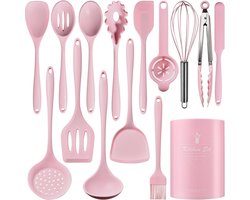 Tehtuy Siliconen Keukengereedschap Set - 15-delig Hittebestendig Tot 220°C - BPA-vrij Voedselveilig - Antislip & Vaatwasserbestendig - Roze