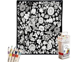 Tekendeken - DIY Kleurdeken - Diy-Inkleurdeken-Set - Decoratieve Plaid - Bloemenpatroon - Inclusief 24 Stiften - 150 X 125 Cm - Voor Slaapkamers, Woonkamers, Studeerkamers of Kantoren