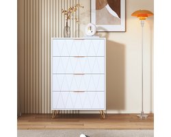 Tekenkast, ladekast, kledingkast met 4 lades met gouden metalen poot en handgreep, opbergmeubel voor kinder-/volwassenenkamer, 60 x 34 x 90 cm, dressoir voor woonkamer, kleur wit