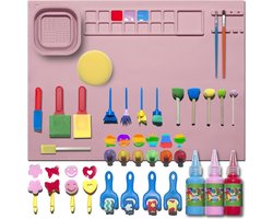 Tekenmat Art Station met 30 Brush en Stempels Accessoires en 3 wasbare vingerverf - Verfmat - Roze - Verfplacemat - Verven - Kinderen - Art Set - Creativiteitsdoos voor kinderen - Knutselen - Knutselplacemat - Verfmat - Siliconen