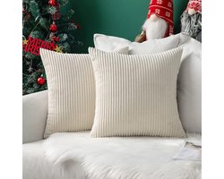 TEKROA® 2-Pack - Ribfluwelen Sierkussen - 40x40 cm - Effen Crème Kleur - Voor Bank en Bed - Zacht & Stijlvol
