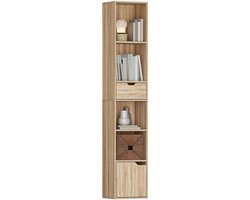 TEKROA® Boekenkasten- 6-laags boekenkast - hoge smalle boekenkast met lade en deur - Voor Woonkamer en Kantoor -Lichtbruin