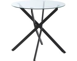TEKROA® Eettafels - Ronde eettafel met blad - van transparant gehard glas en gekruiste metalen poten - moderne salontafel voor de woonkamer - Ø80x75 cm - zwart