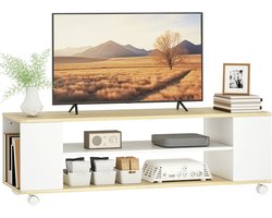 TEKROA®TV-meubel - met wielen - 120 cm - geschikt voor tv's tot 55 inch - 2 open schappen - wit en naturel