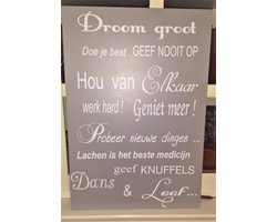 Tekstbord  Droom Groot Dans Wandbord Spreukbord Quotebord Cadeau Geschenk Verjaardag Spreuken Spreuk Quoteborden Wand Quote Bord Muur Hout Tekst Handgemaakt Kleur Grijs