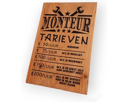 tekstbord monteur tarieven garage werkplaats cadeau NL heren mannen mancave automonteur buitendienst houten tekstbord wandbord stoer grappig sarcasme klanten