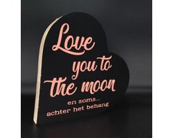 Teksthart XL 25x25xcm love you to the moon en soms achter het behang zwart / roze
