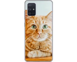 Telefoonhoesje Geschikt voor Samsung Galaxy A51 5G hoesje - Kat - Hout - Kast - Siliconen Telefoonhoesje Telefoonhoesje