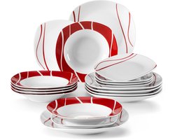 TELEO Serviesset 18-delig – Ivoorwit Porselein met Rode Strepen – Dinerborden, Soepborden, Dessertborden, Kopjes & Schotels – Geschikt voor dagelijks gebruik