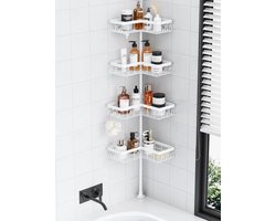 Telescopisch Doucherek zonder Boren - 4-Traps Badkamer Hoekrek - Verstelbaar 56-304 cm - Wit