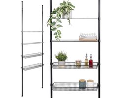 Telescopisch rek met 2 manden en planken voor flexibele opbergruimte (zwart)