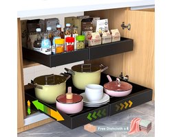 Telescopisch Schuiflade – Breng 4 schoonmaakdoeken mee-Keukenkast Organizer – Gootsteenkast/Lade Organizer - binnenlade keuken – Uittrekbaar en Verstelbaar (32-52 cm) – Geen boor vereist – 1 stuk Zwart
