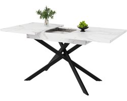 Telescopische eettafel (120-160 cm), uitschuifbare eettafel, ruimtebesparende keukentafel, zwarte gekruiste ijzeren poten, voor keuken en woonkamer, eettafel van wit marmer