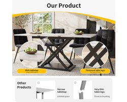 Telescopische eettafel (120-160 x 80 cm), uitschuifbare eettafel, ruimtebesparende keukentafel, zwarte gekruiste ijzeren poten, voor keuken en woonkamer, witte marmeren eettafel