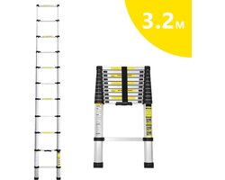 Telescopische Ladder - Telescoopladder - 3,2 m zilver, Max. Belasting 150 kg, Compact en Draagbaar met Soft Closing Systeem, Geschikt voor Particulier en Professioneel Gebruik, Telescopische Vouwladder