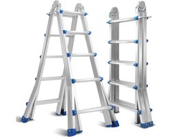 Telescopische Ladder - Telescoopladder - 4x5 niveau zilver + multifunctioneel, Max. Belasting 150 kg, Compact en Draagbaar met Soft Closing Systeem, Geschikt voor Particulier en Professioneel Gebruik, Telescopische Vouwladder
