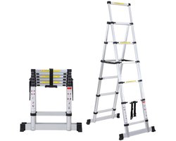 Telescopische Vouwladder — 1,7m+2,0m Telescopische Ladders Alu-A-Kader - zilverachtig Met evenwichtsbalk
