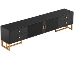 Televisiekast opbergkast zijkast geschikt voor tv's van 70-79 inch met 4 laden en 2 deuren met verticale strepen een trendy minimalistisch ontwerp gecombineerd met gouden handgrepen en gouden poten 175x30x46 cm zwart