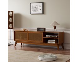Televisiekast - Retro Met Rotan Schuifdeuren - Voor Televisies Tot 65 Inch - Hout En MDF - 150x40x50 Cm - Walnootkleur