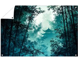 Tempel in mistig bamboebos - Bamboe poster - Tuinversiering tempel - Silhouet - Poster voor tuinmuren - Poster voor buitengebruik - tuinposter 105x70 cm