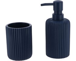 Tendance Badkamer accessoires set 2-delig - Polyresin - blauw - geribbeld - luxe set