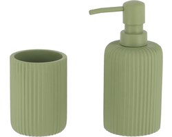 Tendance Badkamer accessoires set 2-delig - Polyresin - groen - geribbeld - luxe set