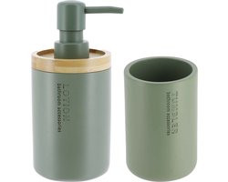Tendance Badkamer accessoires set 2-delig - Polyresin/bamboe - groen - robuust - matte coating - luxe set