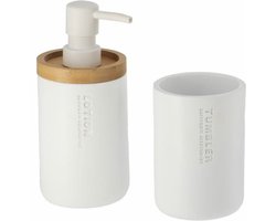 Tendance Badkamer accessoires set 2-delig - Polyresin/bamboe - wit - robuust - matte coating - luxe set