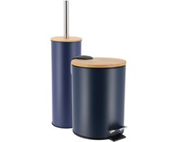 Tendance Badkamerset prullenbak en toiletborstel - Bamboo vibe - soft close - donker blauw - 3 liter - metaal