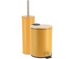 Tendance Badkamerset prullenbak en toiletborstel - Bamboo vibe - soft close - geel - 3 liter - metaal