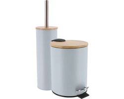 Tendance Badkamerset prullenbak en toiletborstel - Bamboo vibe - soft close - licht blauw - 3 liter - metaal