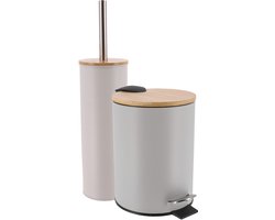 Tendance Badkamerset prullenbak en toiletborstel - Bamboo vibe - soft close - licht grijs - 3 liter - metaal