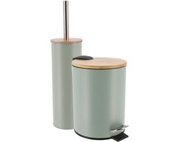 Tendance Badkamerset prullenbak en toiletborstel - Bamboo vibe - soft close - licht groen - 3 liter - metaal