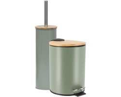 Tendance Badkamerset prullenbak en toiletborstel - Bamboo vibe - soft close - olijfgroen - 3 liter - metaal