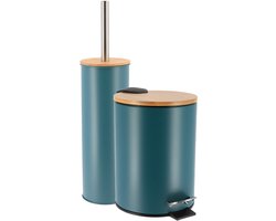 Tendance Badkamerset prullenbak en toiletborstel - Bamboo vibe - soft close - petrol - 3 liter - metaal