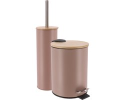 Tendance Badkamerset prullenbak en toiletborstel - Bamboo vibe - soft close - taupe - 3 liter - metaal