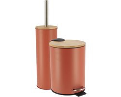 Tendance Badkamerset prullenbak en toiletborstel - Bamboo vibe - soft close - terracotta - 3 liter - metaal