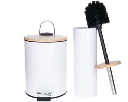 Tendance Badkamerset prullenbak en toiletborstel - Bamboo vibe - soft close - wit - 3 liter - metaal