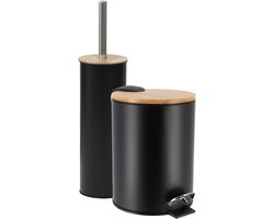 Tendance Badkamerset prullenbak en toiletborstel - Bamboo vibe - soft close - zwart - 3 liter - metaal