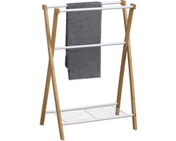 Tendance Handdoeken ophangrek/houder - badkamer - bamboe hout/metaal - 60 x 37 x 80 cm - wit - 3 stangen