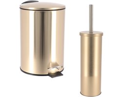 Tendance Set Prullenbak en Toiletborstel - goud - metaal/rvs - badkamer - toilet