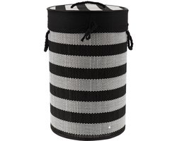 Tendance Wasmand Rustic met deksel bamboe - zwart/wit - rond - katoen/bamboe - 67 liter - 35 x 35 x 55 cm