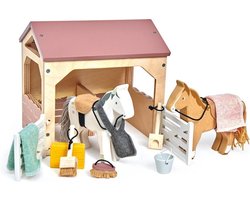 Tender Leaf Poppenmeubels: HUISDIERENSET STAL met 2 PONY'S 18,7x14,3x18cm, in  hout, in doos 18,3x15,5x20,7cm, 3+