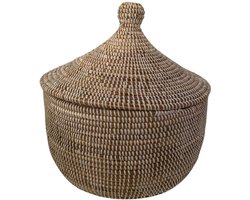 Teng wit Opbergmand met Deksel – Handgemaakte Rieten Mand – 30x28 cm – Decoratief & Functioneel