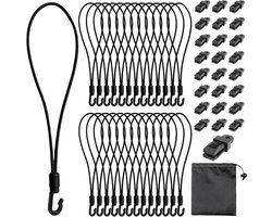 Tension Rubber met Haakjes - Zeilbevestiging - Verpakking van 25 Expander met Haakjes - 25 cm - 25 Carabiner Haakjes - 1 Opbergzak - Rubber Tensioner met Haakjes voor Zeilen - Tent - Net - Kamperen - Hangmat - Luifel